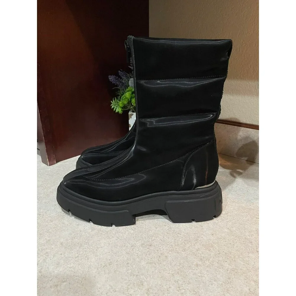 DKNY Fiza Black Platform Zipper Boots Chunky Sole Almond Toe Synthetic US Sz 7.5